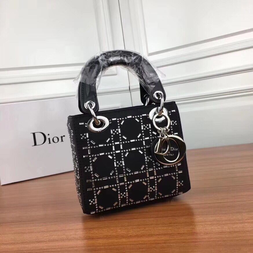 Knockoff Dior Mini Lady Rhinestone Diorama Clamshell Bag Calfskin 8817 Black JH07514Jz41