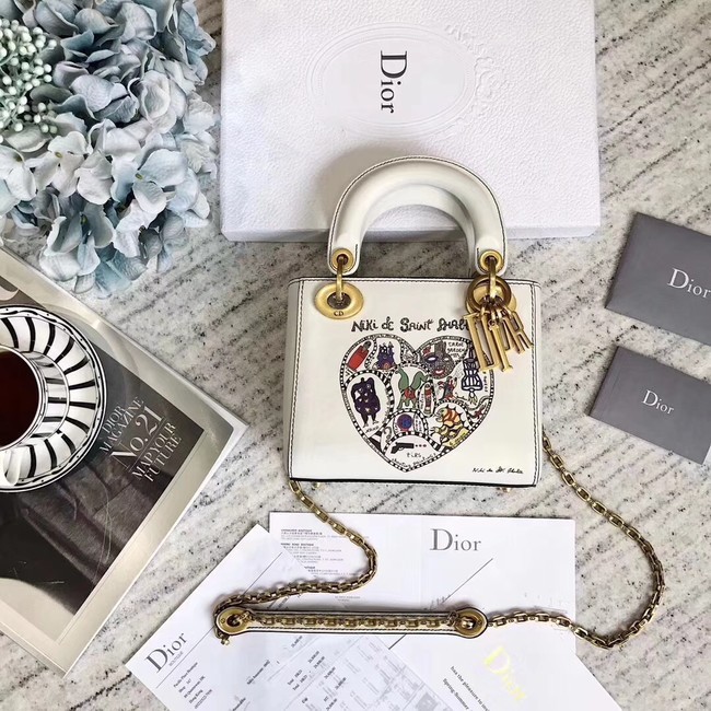 MINI LADY DIOR BAG WITH CHAIN IN WHITE SMOOTH CALFSKIN WITH NIKI DE SAINT PHALLE EMBROIDERY M927 JH07527NE93